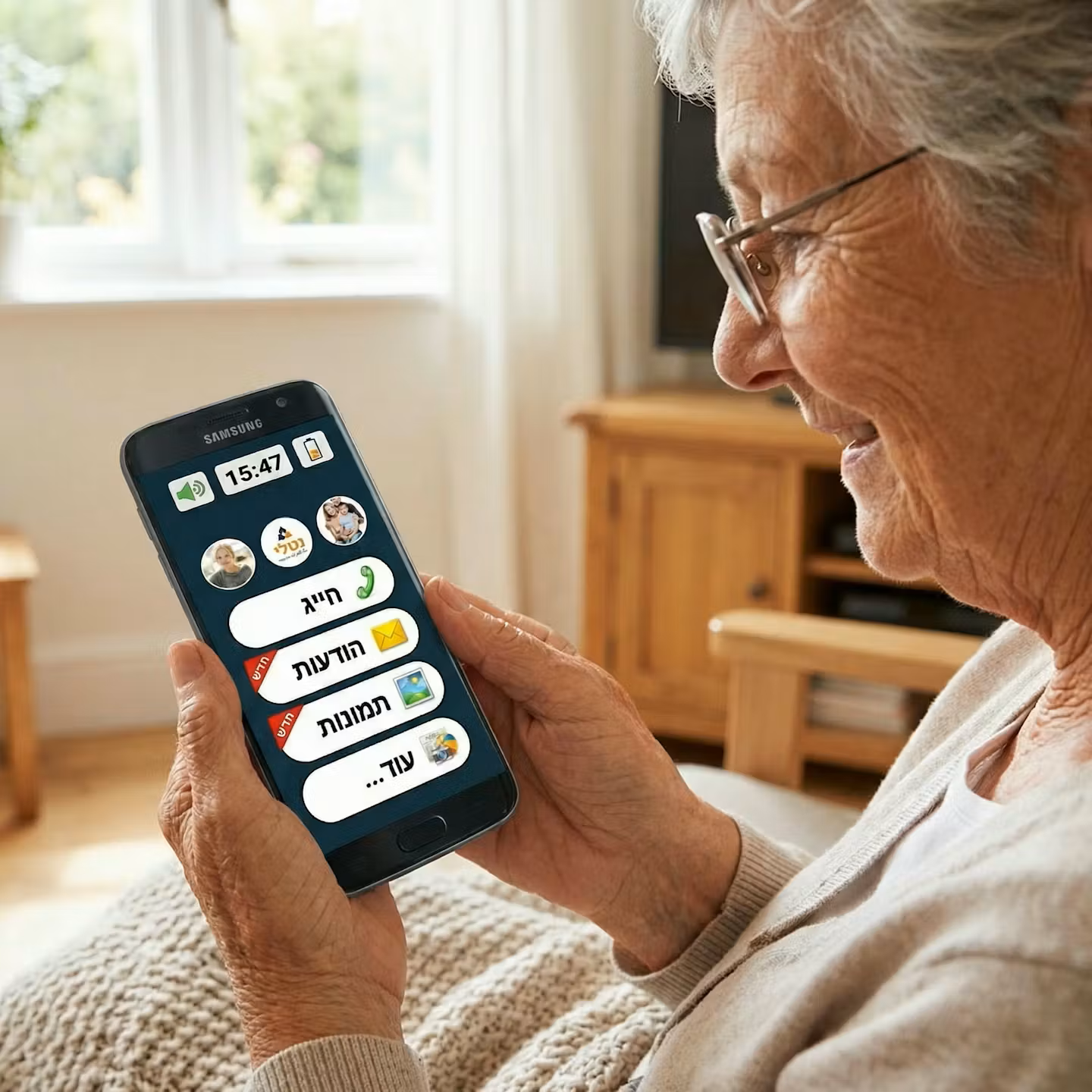 אישה מבוגרת משתמשת בבייסיק סמארטפון A07-64 - טלפון למבוגרים עם כפתורים גדולים